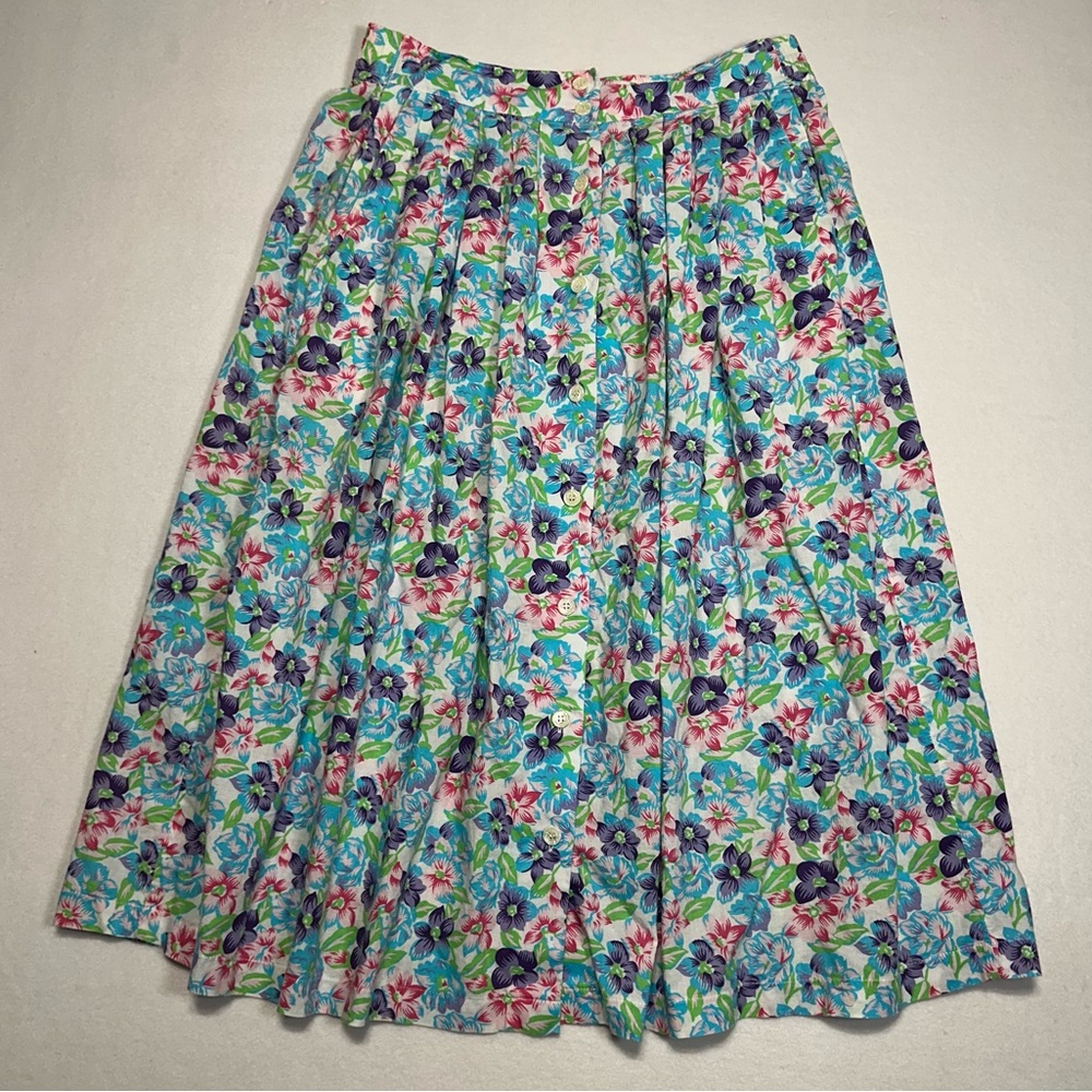 Vintage Karen Scott Collections Floral Maxi Skirt Pleated Buttons Size S